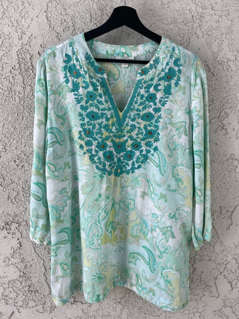 100% Linen Embroidered Tunic Women's Size XL Seafoam Green Charter Club Luxury
